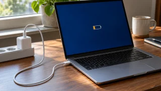 PC portable relié par un câble USB-C à un petit chargeur secteur sur un bureau en bois.