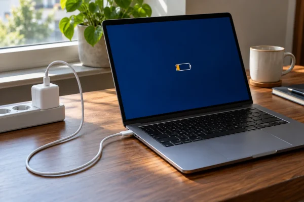PC portable relié par un câble USB-C à un petit chargeur secteur sur un bureau en bois.