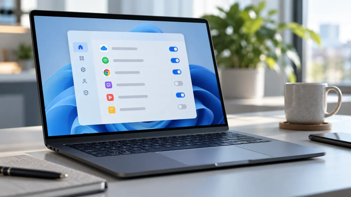 Ordinateur portable présentant une liste abstraite d’applications et de réglages