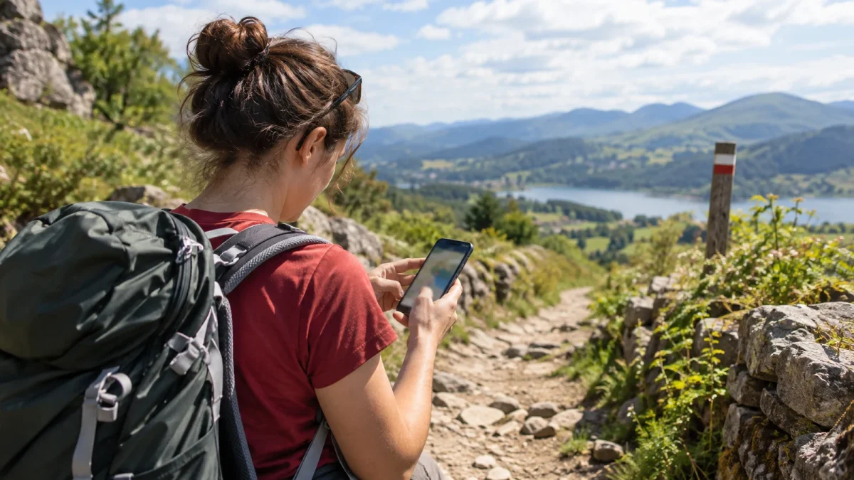 Illustration : Téléphone utilisé sur un chemin de randonnée