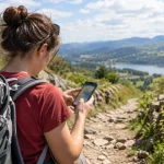 Illustration : Téléphone utilisé sur un chemin de randonnée