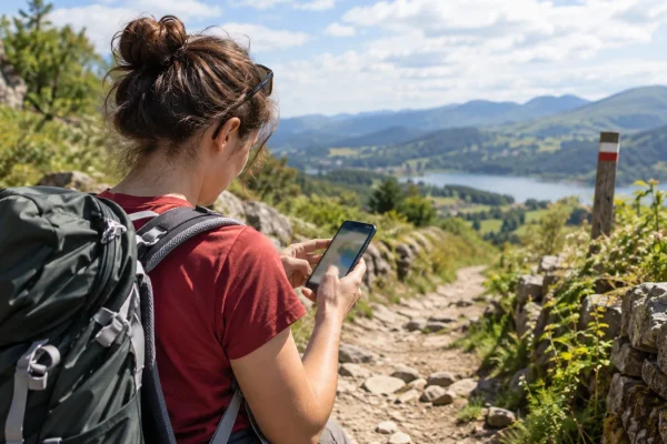 Illustration : Téléphone utilisé sur un chemin de randonnée