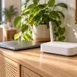 Routeur Wi-Fi blanc posé dans un salon, près d’un ordinateur fermé et d’un téléphone.