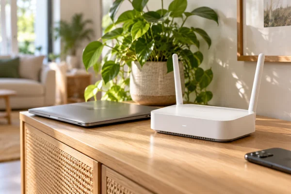 Routeur Wi-Fi blanc posé dans un salon, près d’un ordinateur fermé et d’un téléphone.