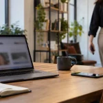 Illustration : Utilisateur quittant un bureau avec son téléphone