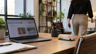 Illustration : Utilisateur quittant un bureau avec son téléphone