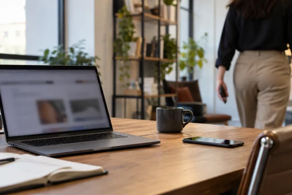 Illustration : Utilisateur quittant un bureau avec son téléphone