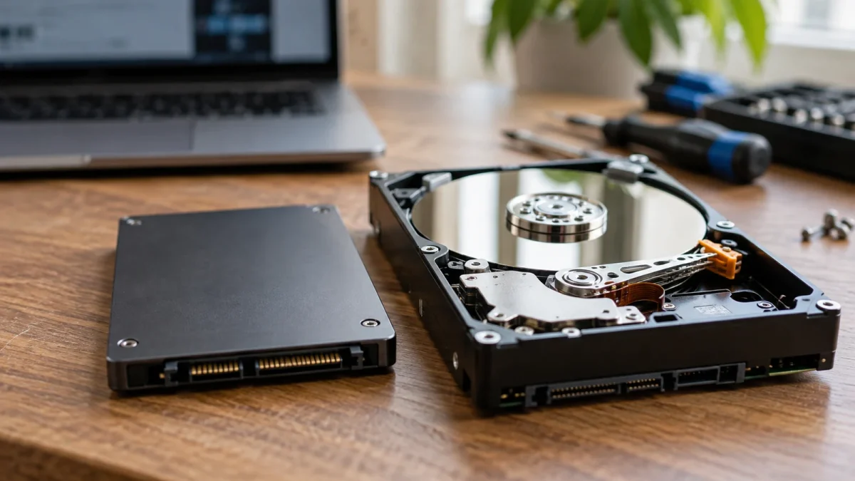 Illustration : SSD et disque dur sur un établi