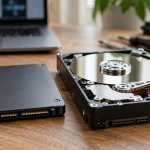 Illustration : SSD et disque dur sur un établi