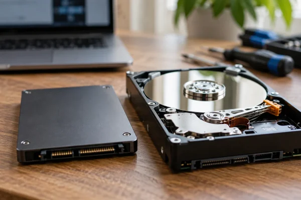 Illustration : SSD et disque dur sur un établi