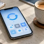 Téléphone avec icônes abstraites d’applications et flèches de mise à jour